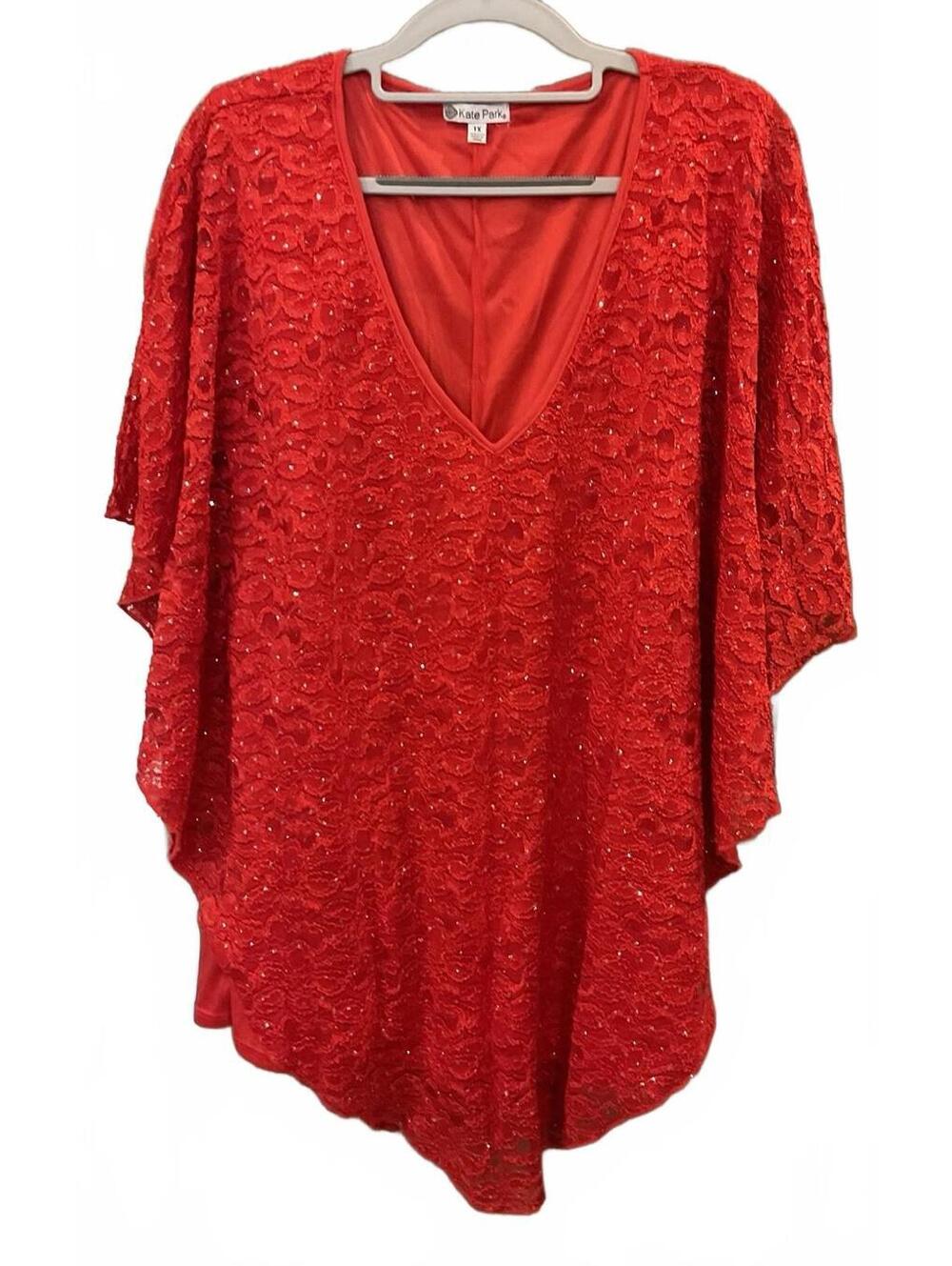 Kate Park Womens Red V Neck Sleeveless Fancy Lace Blouse Size 1 X